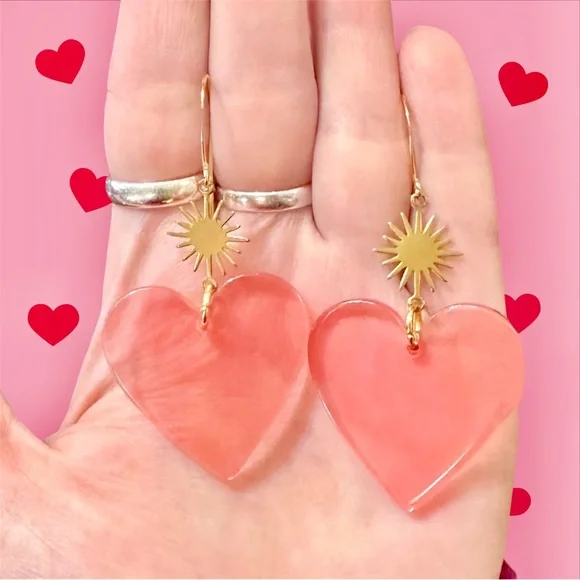 New Handmade Acrylic Pink Heart Earrings Valentine’s Sunburst Gold Plated Hooks - Picture 3 of 3